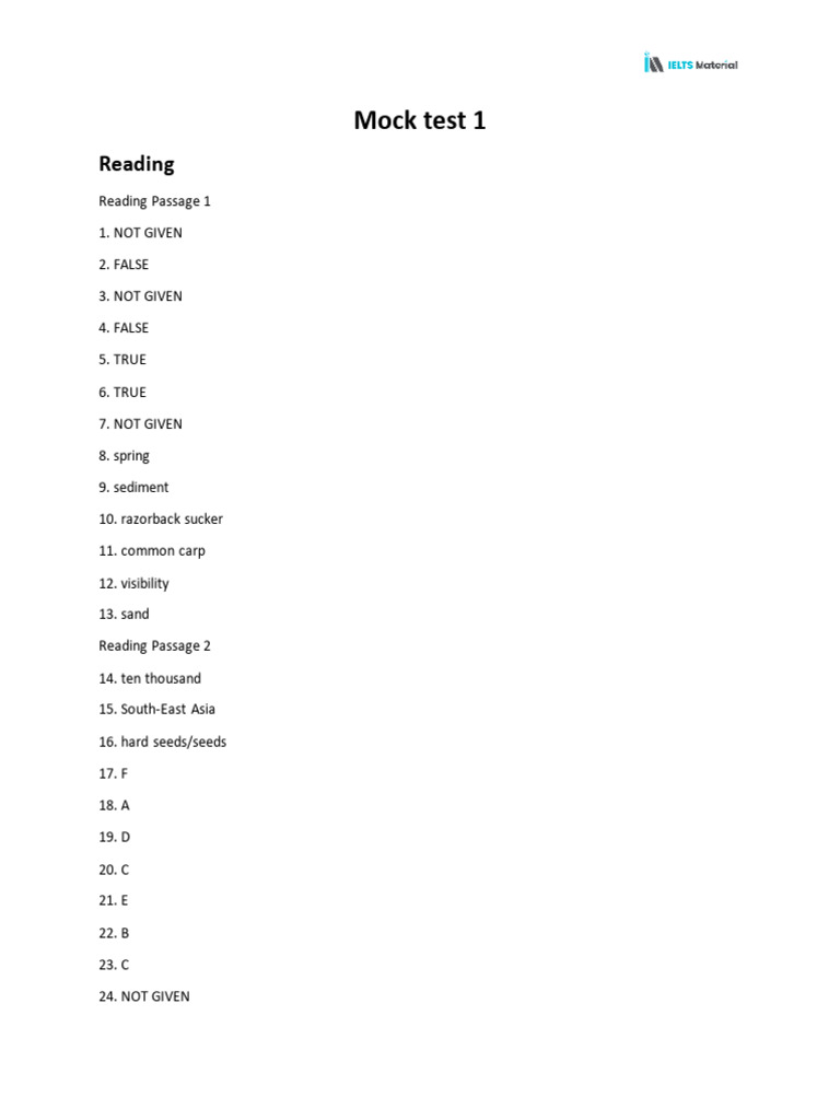 Mock test 1 reading answers pdf