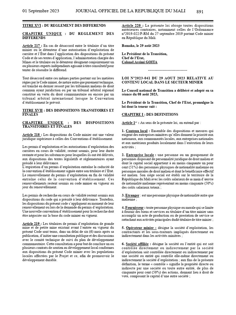 Nouveau Code Minier et Contenu Local au Mali | PDF | Assurance | Mali