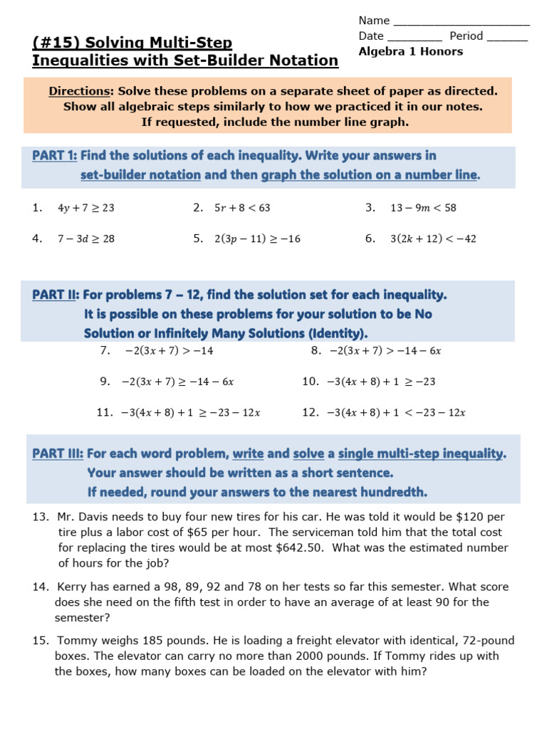 HWK - 15 - Alg1Hon - Unit 2B - Inequalities With Set-Builder Notation ...