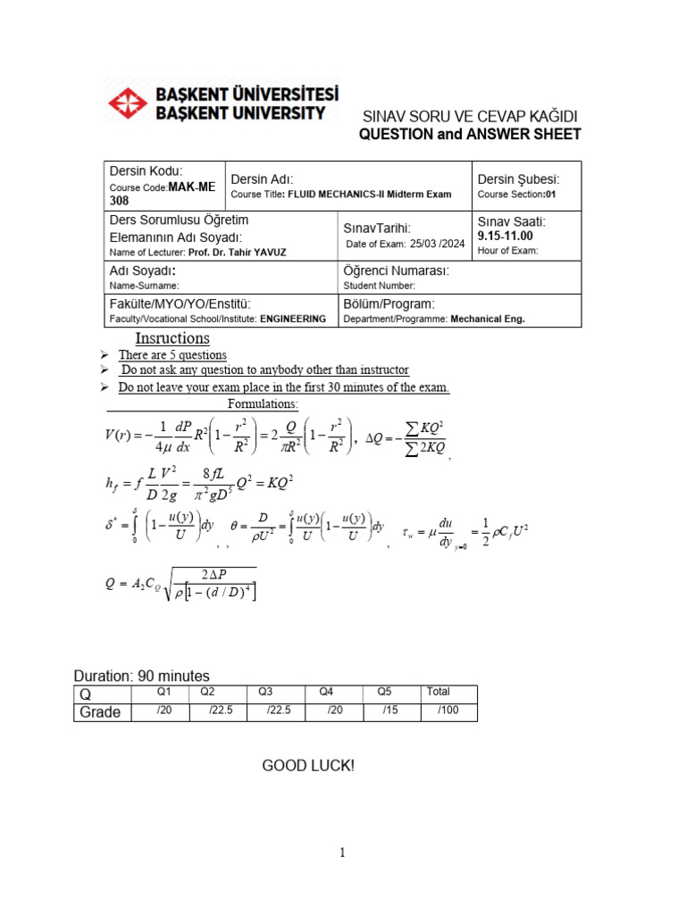 Fluid Mechanics Exam Pdf Boundary Layer Pressure