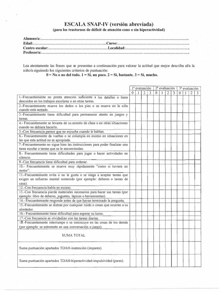 Escala Snap-IV (Versión Abreviada) para Transtornos de Deficit de ...