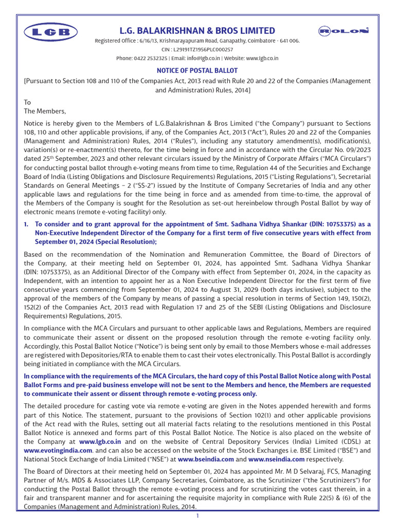 Postal Ballot Notice for Director Appointment | PDF | Electronic Voting ...