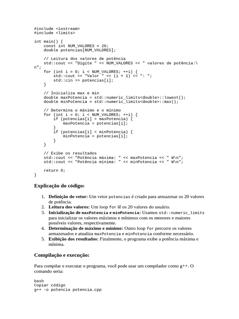 Análise de Potência em C++: Máximo e Mínimo | PDF | Algoritmos ...