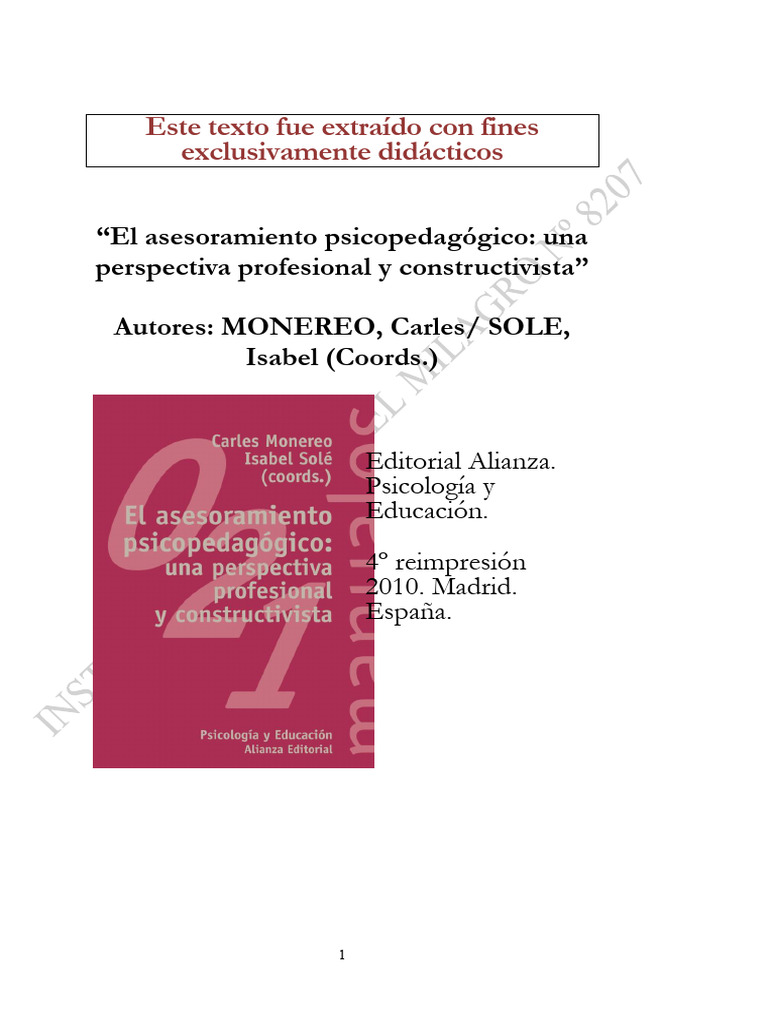 Monereo y Sole Modelo de Asesoramiento Educacional Constructivo | PDF |  Plan de estudios | Enseñando