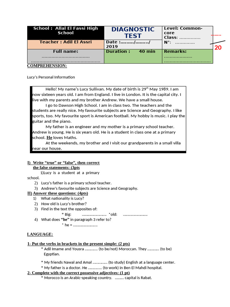 Common-Core Diagnostic Test | PDF | Linguistics