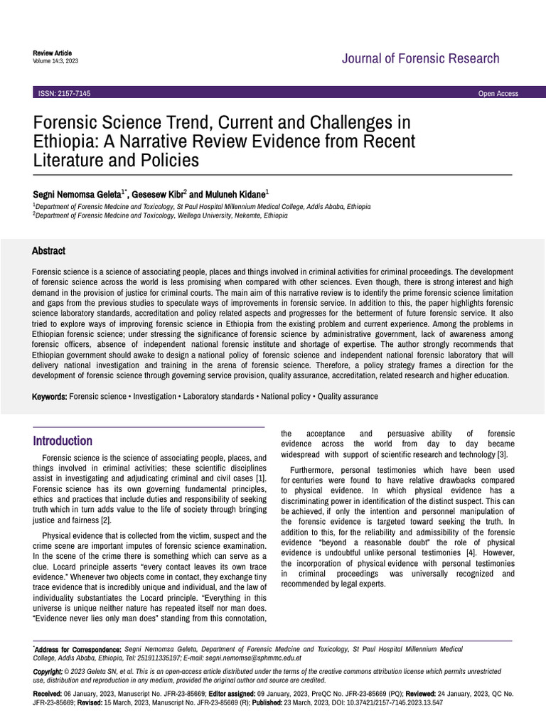 Forensic Science Trend Current and Challenges in Ethiopia A Narrative ...