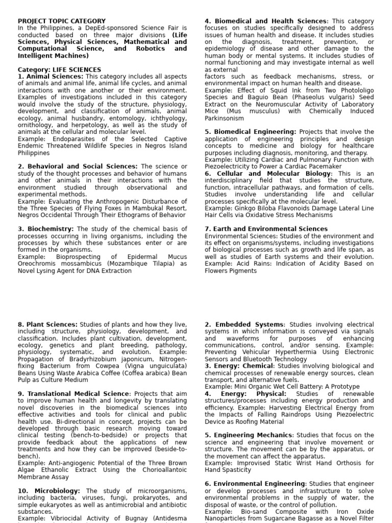 DepEd Science Fair Categories Guide | PDF | Physics | Science