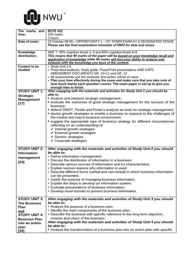 BSTE 422 Exam Guide: Study Units & Tips | PDF | Strategic Management ...