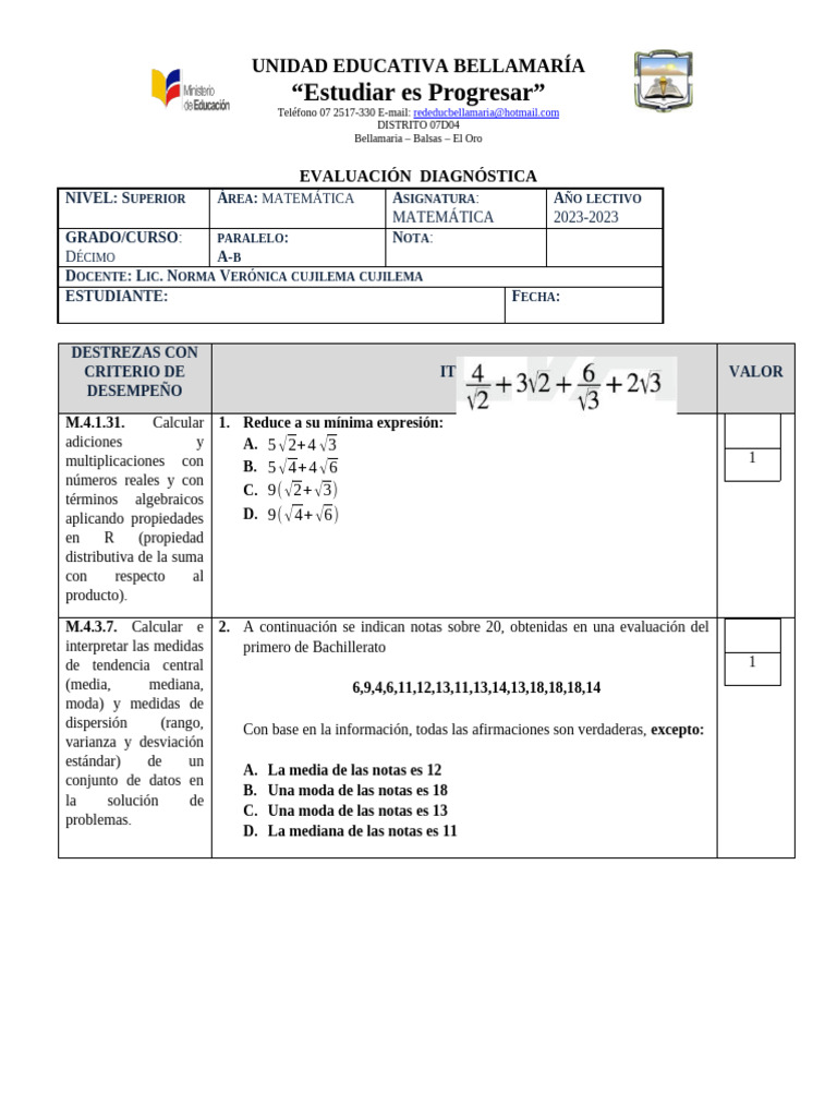 Eva Diagnóstica MATE 10mo EGB (22-23) | PDF | Números | Raíz cuadrada
