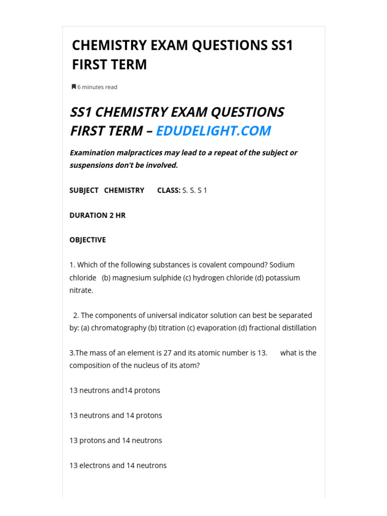 SS1 First Term Chemistry Exam Questions | PDF | Hydroxide | Acid