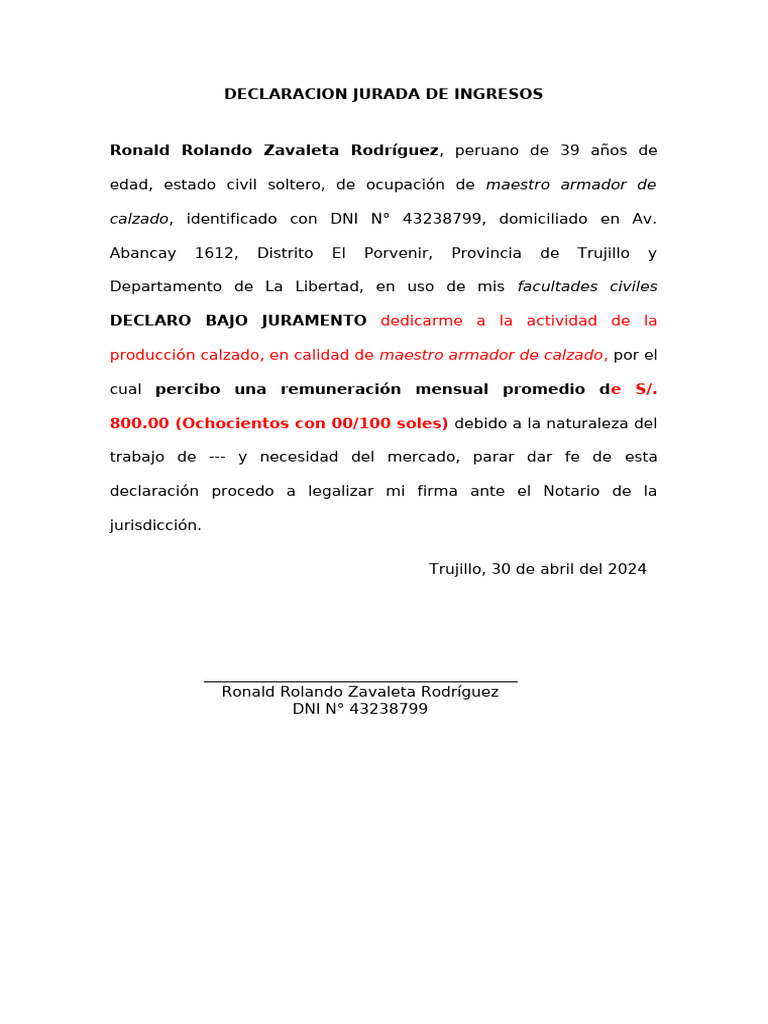 Declaración Jurada de Ingresos 2024 | PDF | Derecho