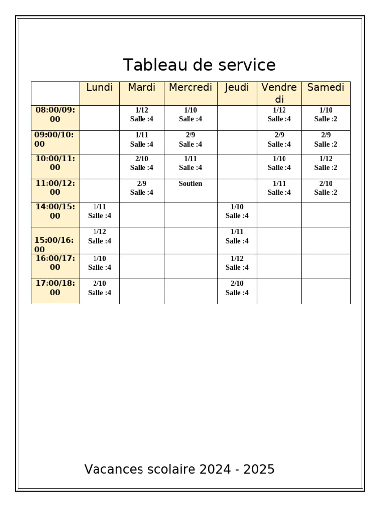 Tableau de service et vacances scolaires | PDF