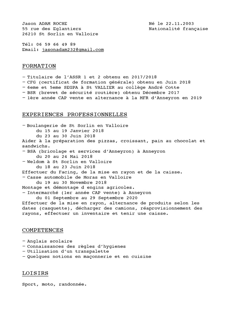 CV de Jason Adam Roche - Formation et Expériences | PDF