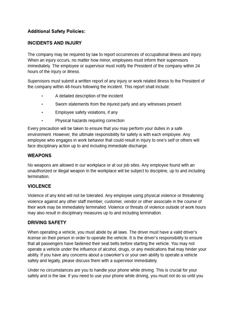 Additional Safety Policies | PDF | Safety | Driving