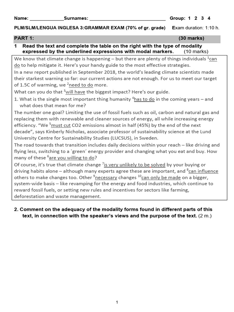 Grammar Exam on Modality and Sentence Structure | PDF | Verb | Sentence ...
