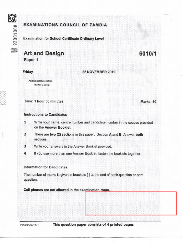 ECZ 2019 Grade 12 Art and Design Paper 1 | PDF