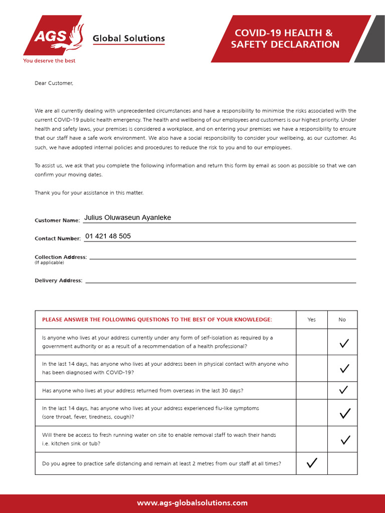 COVID-19 Safety Declaration Form | PDF | Occupational Safety And Health ...
