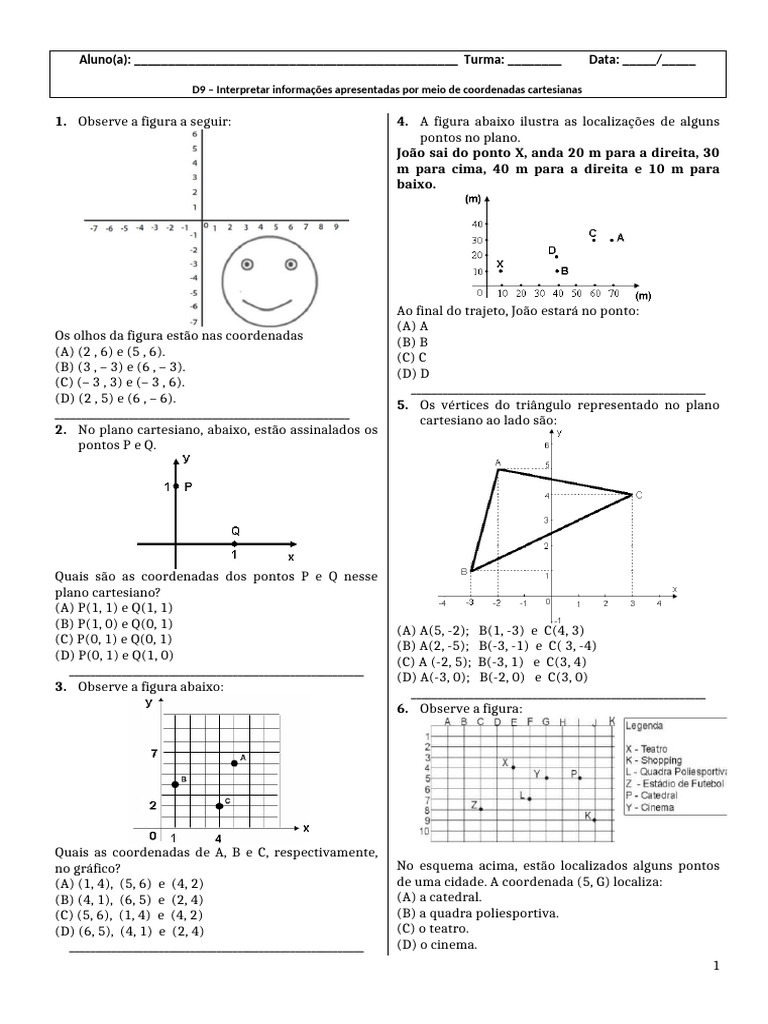 Coordenadas no Plano Cartesiano 9º Ano | PDF | Sistema de coordenada ...