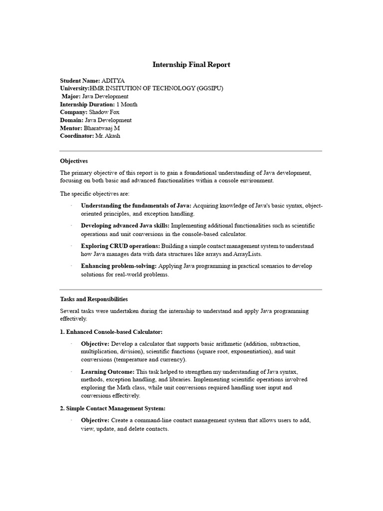 Java Development Internship Report | PDF | Java (Programming Language ...