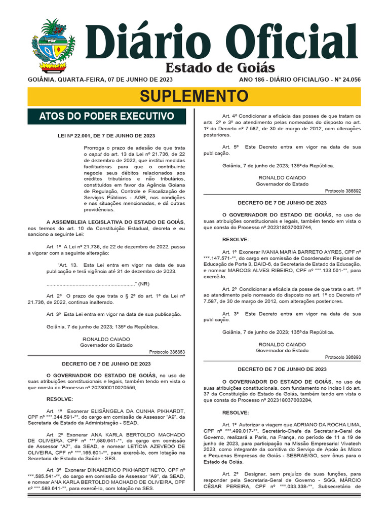 Atos do Poder Executivo de Goiás - Jun/2023 | PDF | Secretário de ...