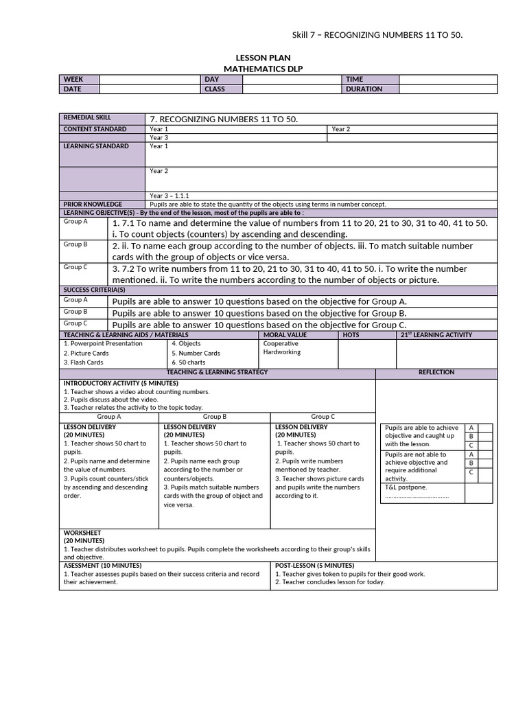 Lesson Plan Skill 7 - RECOGNIZING NUMBERS 11 TO 50 | PDF | Educational ...