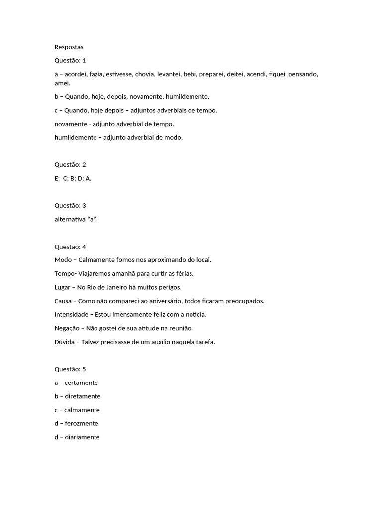 Respostas de Exercícios: Adjuntos Adverbiais | PDF