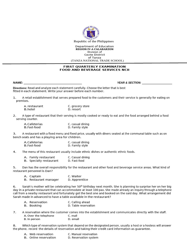 Food and Beverage Services Exam NCII | PDF | Restaurants | Tableware