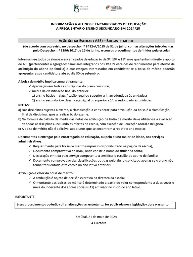 Informacao ASE 2024 - 2025 Bolsas de Merito1 | PDF | Escolas