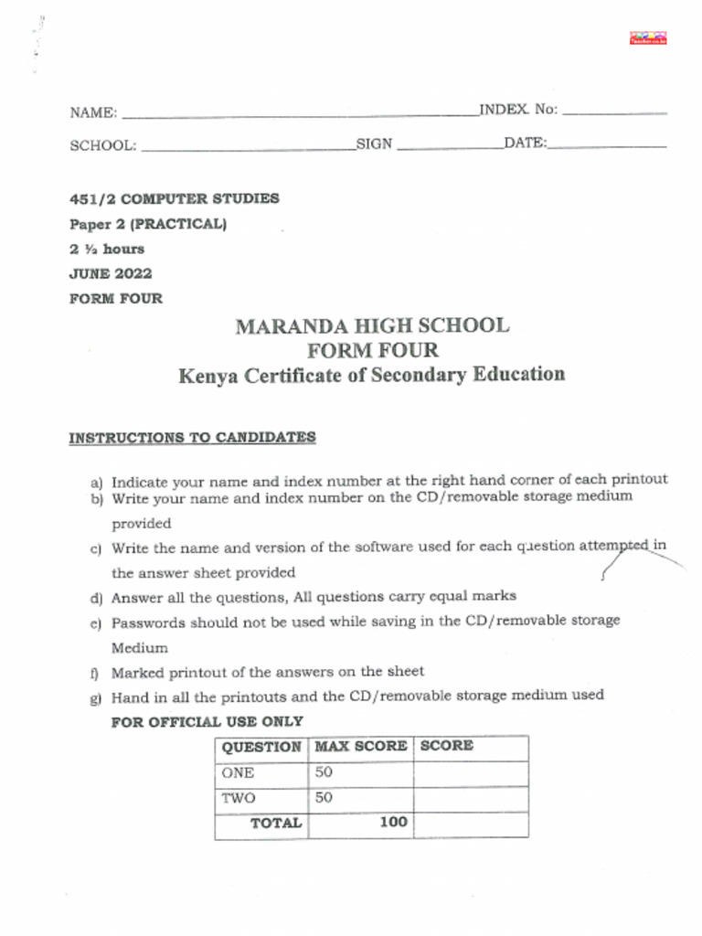 Maranda Computer Studies Paper 2 Maranda Form 4 End Term 1 Teacher Co ...