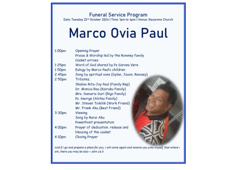 Funeral Program for Marco Ovia Paul | PDF