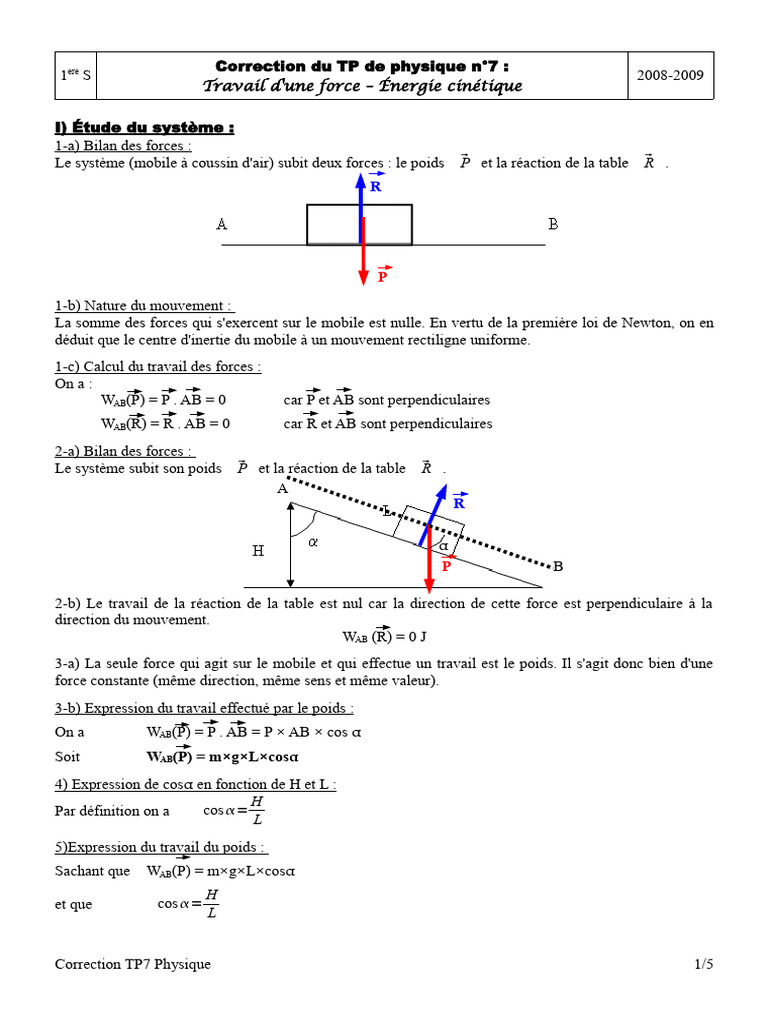 Correction TP Physique : Travail et Énergie | PDF | Lois du mouvement ...