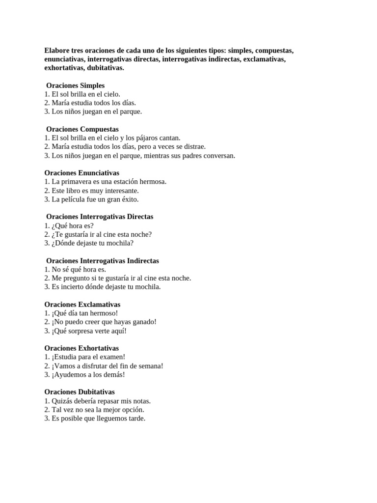 Tipos de Oraciones: Ejemplos y Clasificación | PDF | Artes del Lenguaje ...