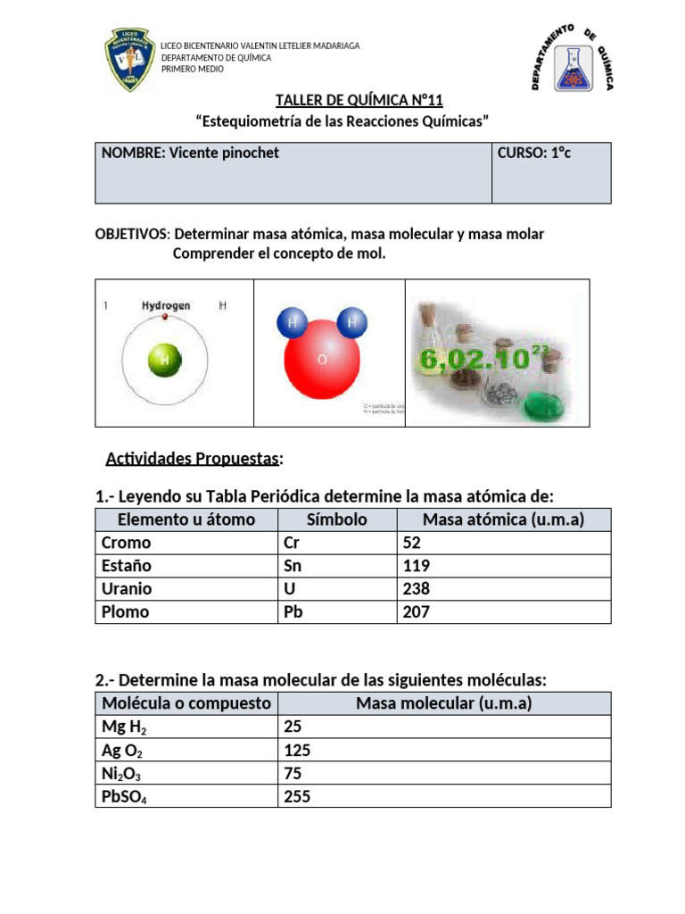 1°NM - Taller 11 - Estequiometria de Las Reac - Qcas. | PDF