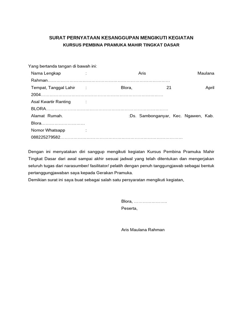 Form Surat Pernyataan Siap Mengikuti Kegiatan | PDF