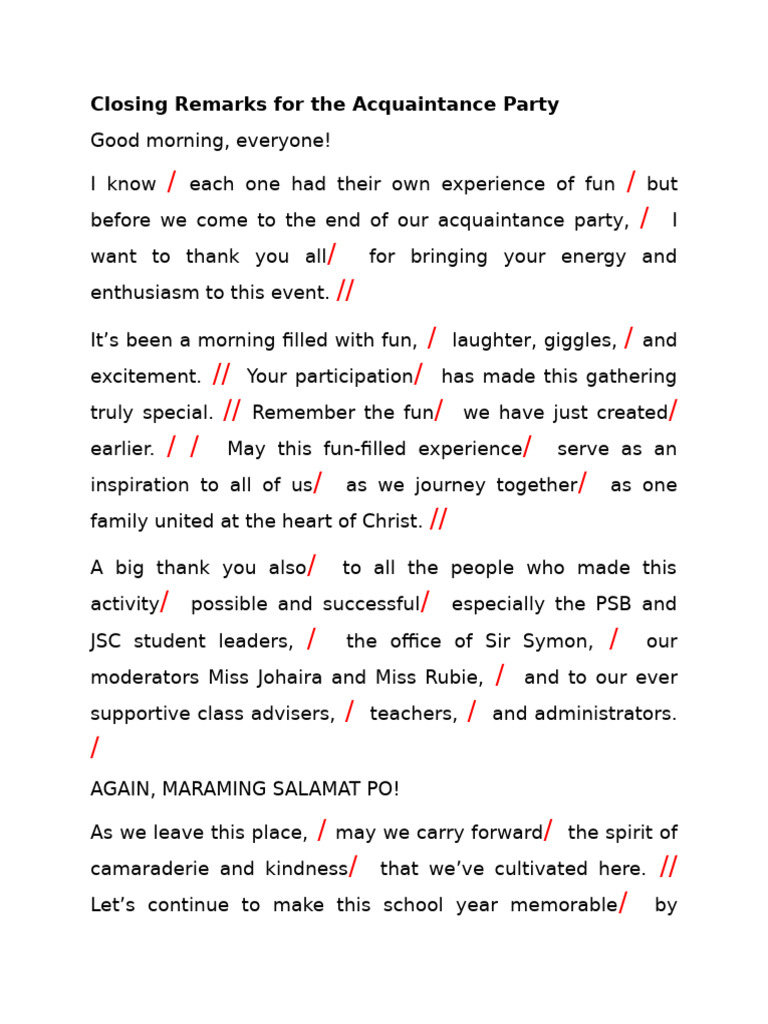 Closing Remarks for Acquaintance Party | PDF | Cooking, Food & Wine