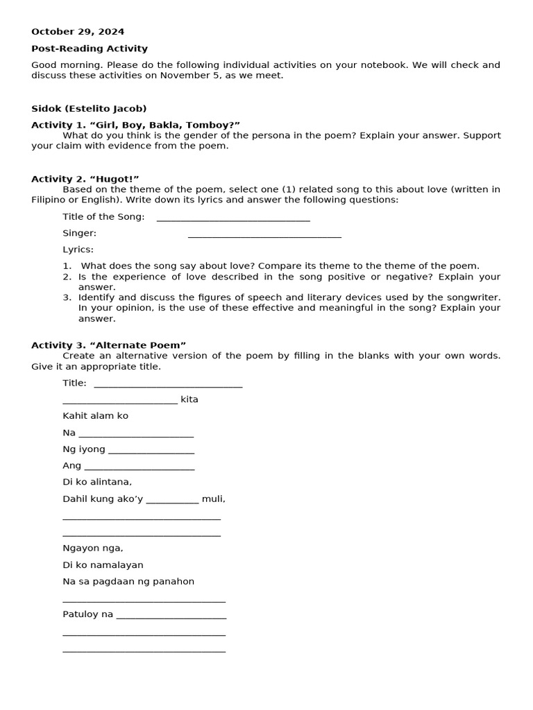 Sidok Poem Analysis Activities | PDF | Poetry | General Fiction