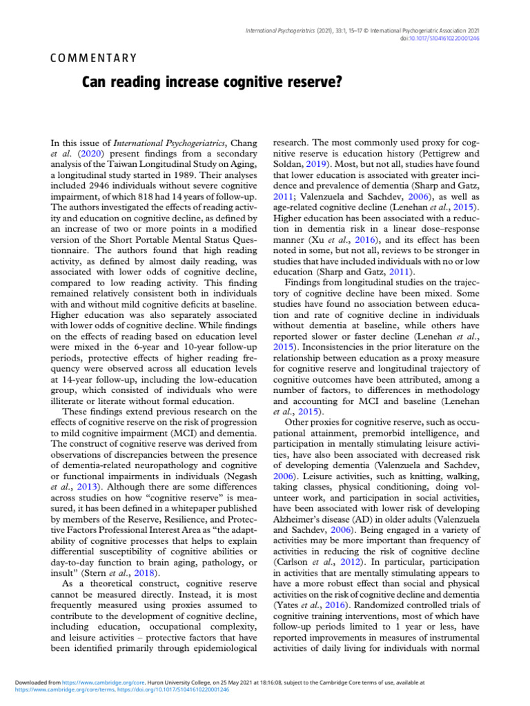 Can Reading Increase Cognitive Reserve | PDF | Dementia | Alzheimer's ...