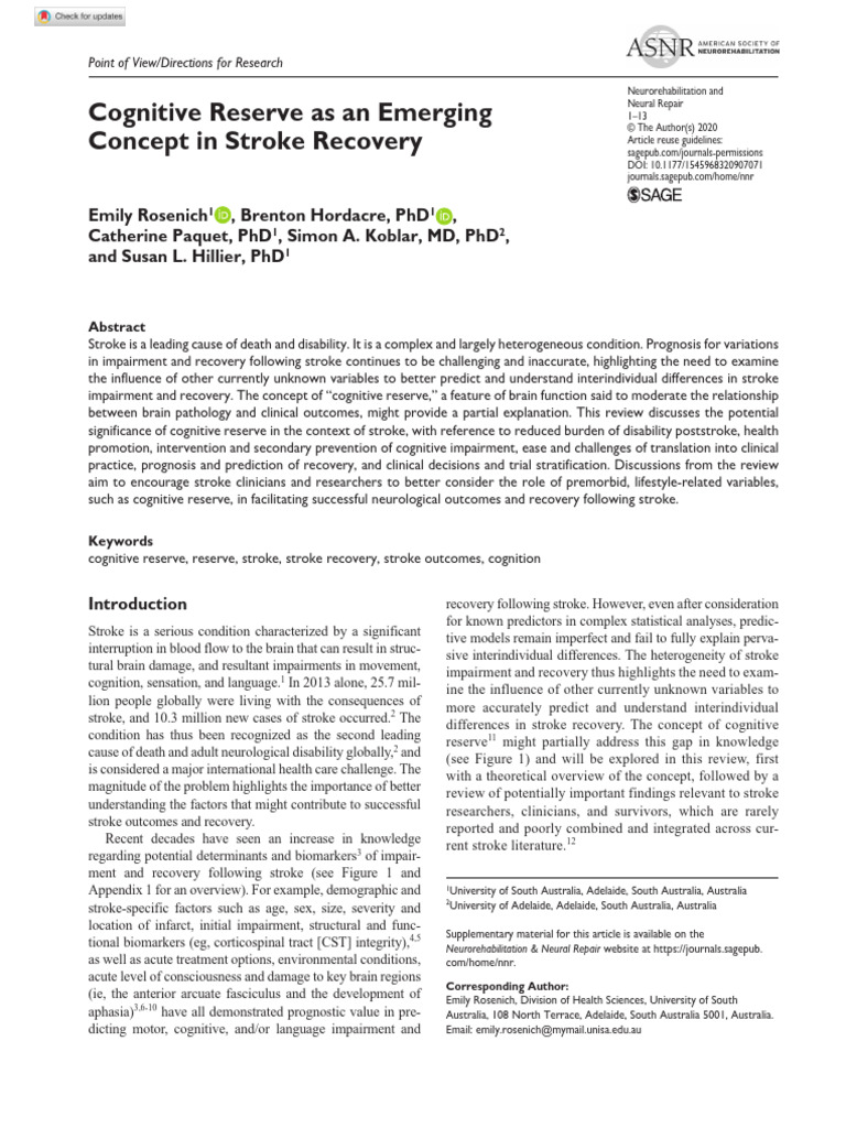 Cognitive Reserve in Stroke Recovery | PDF | Stroke | Wechsler Adult ...