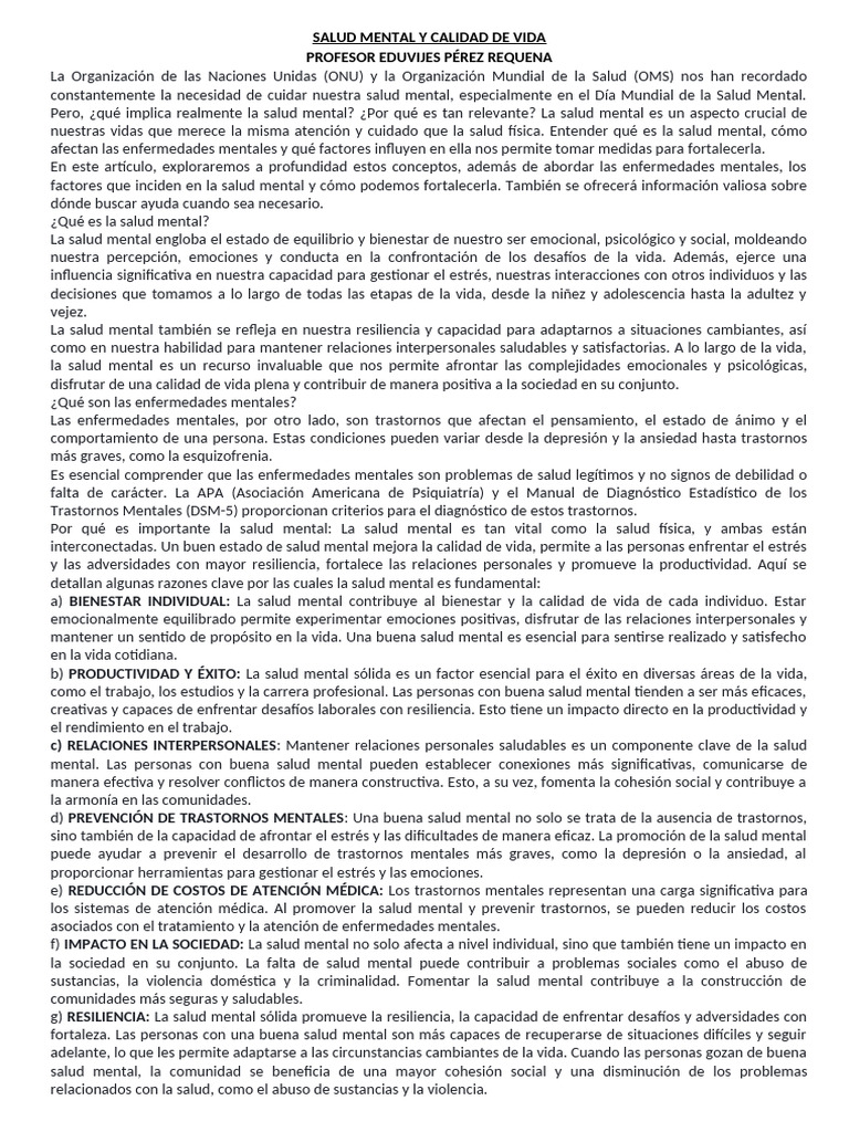 Salud Mental y Calidad de Vida | PDF | Salud mental | Trastorno mental