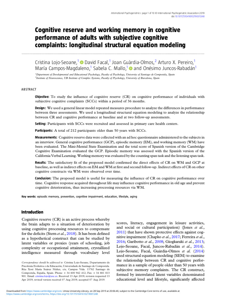 Cognitive Reserve's Impact on Memory | PDF | Wechsler Adult ...