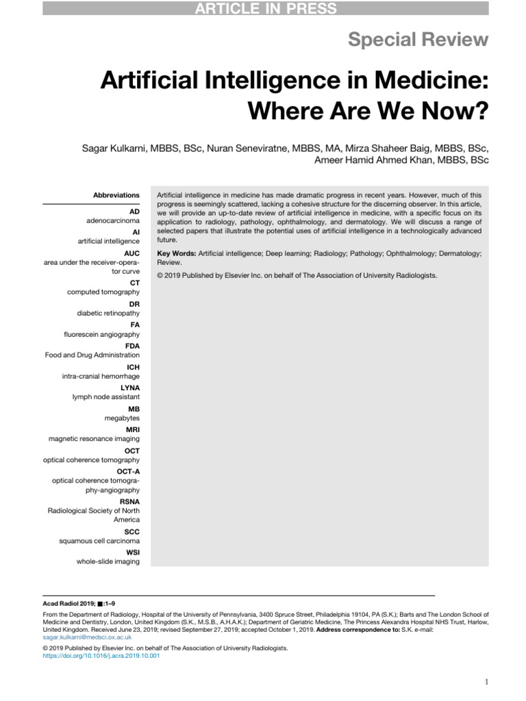 Artificial Intelligence in Medicine 2019 | PDF | Radiology | Pathology