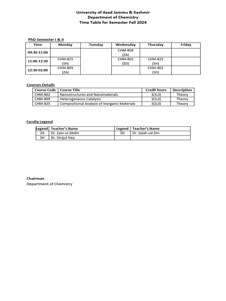 Chemistry Semester Timetable Fall 2024 | PDF | Organic Chemistry ...