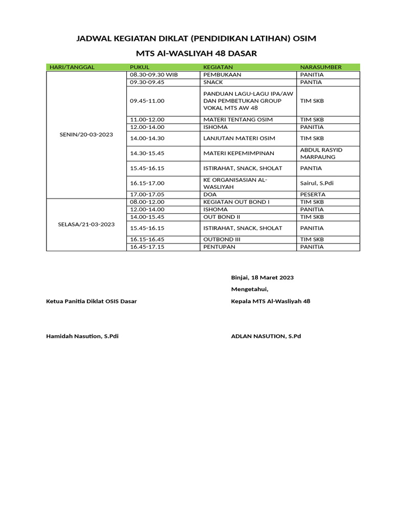 Jadwal Kegiatan Diklat Pdf