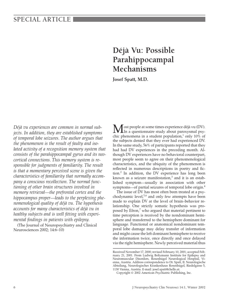 Spatt 2002 Déjà Vu Possible Parahippocampal Mechanisms | PDF | Memory ...