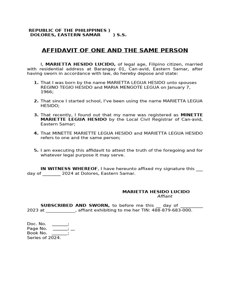 Affidavit of one and the same person pdf