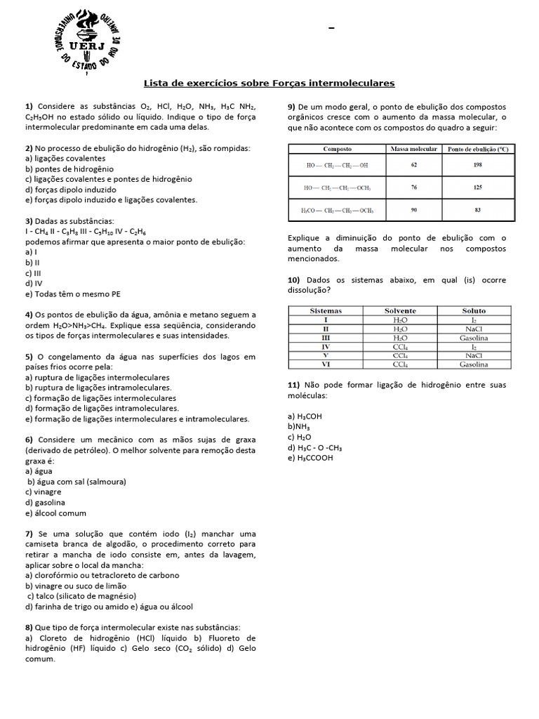 Exercícios sobre Forças Intermoleculares | PDF | Força intermolecular ...