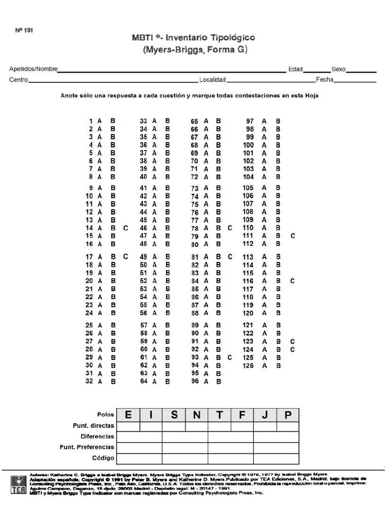 Mbti Hoja de Respuestas y Cuadernillo PDF | PDF