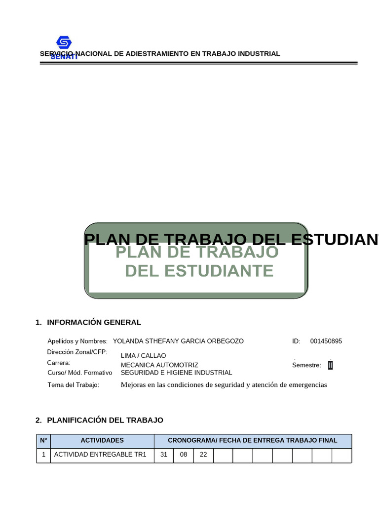 Plan de Trabajo Del Estudiante | PDF | Riesgo | Valores