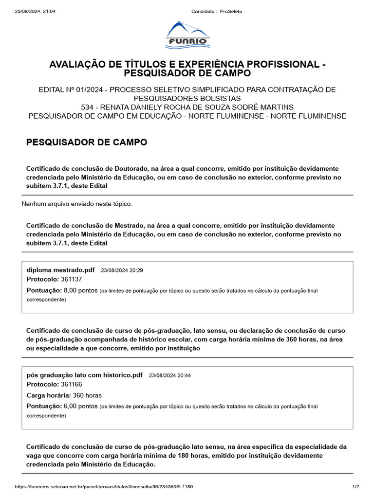 Candidato - ProSeleta Funrio | PDF | Pós-graduação | Mestrado
