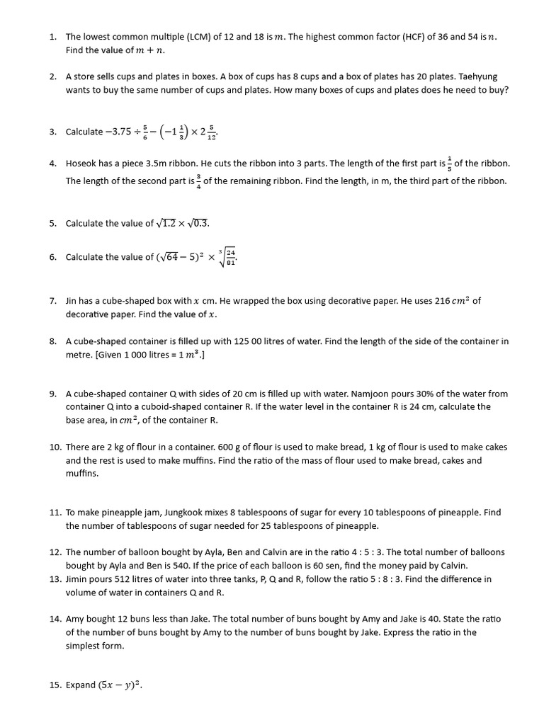 Math Problems: LCM, Ratios, and Geometry | PDF | Elementary Mathematics ...